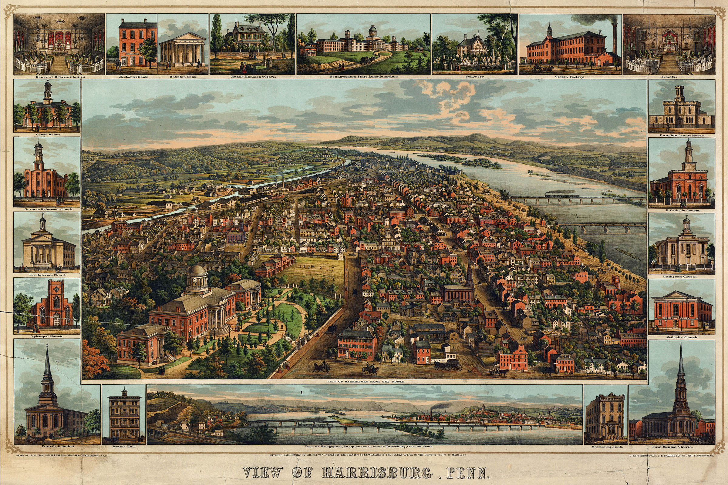 Pennsylvania 1855; Antique Birdseye Map Map of Harrisburg 